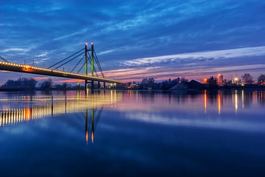 Bridge across river at night with artificial lightning, Belgrade Serbia