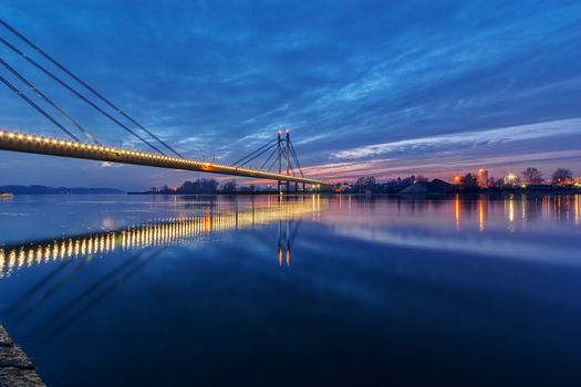 Bridge across river at night with artificial lightning, Belgrade Serbia