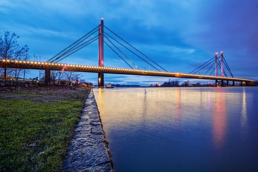 Bridge across river at night with artificial lightning, Belgrade Serbia