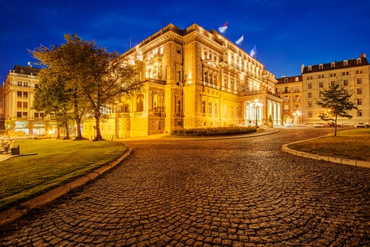 Exterior of classical building at night. Belgrade Serbia