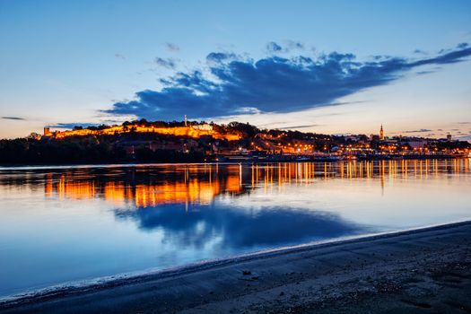 Panorama of Belgrade at night with river sava