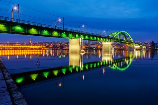 Bridge across river at night with artificial lightning, Belgrade Serbia