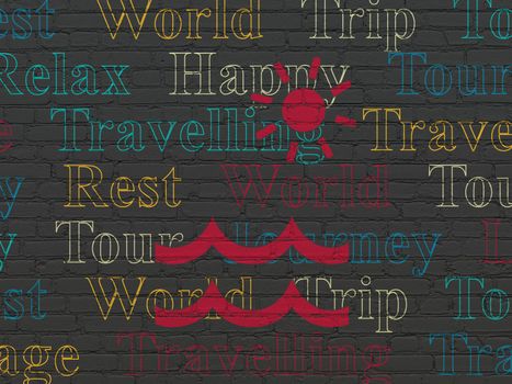 Travel concept: Painted red Beach icon on Black Brick wall background with  Tag Cloud