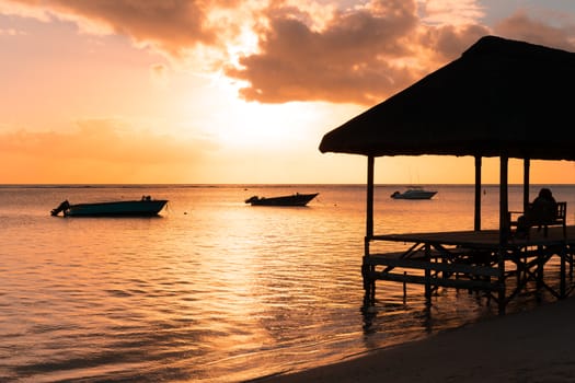 Resting on remote Paradise beach,Mauritius island.vintage style.