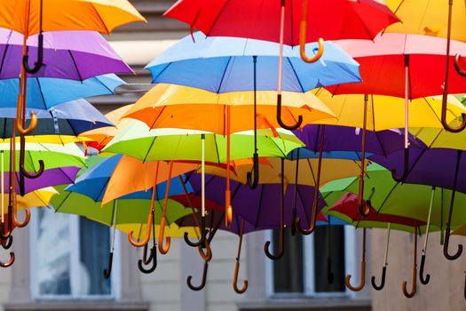 street decoration with colorful open umbrellas at old part of Belgrade, Serbia