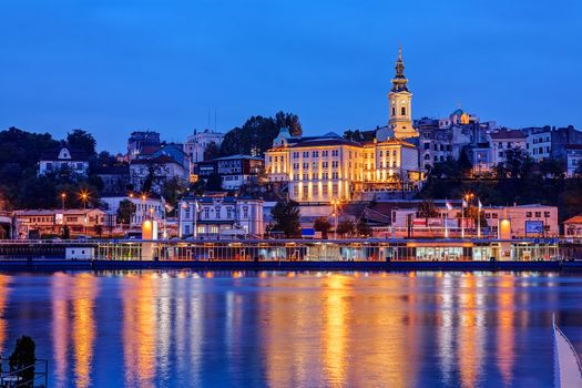 Panorama of Belgrade at night with river Sava