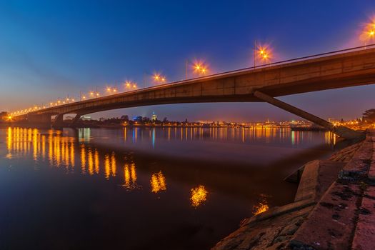 Bridge across river Sava at night with artificial lightning, Belgrade Serbia