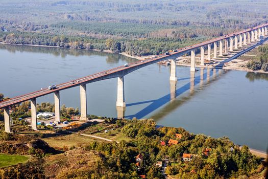 concrete bridge across river Danube aerial