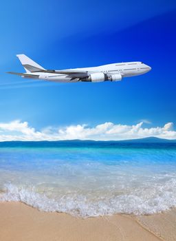 sea beach and blue sky with plane, landscape of Thailand