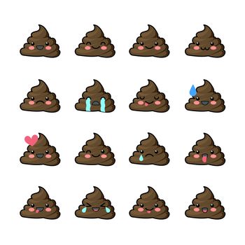 Set of cute kawaii badge. A collection of funny poop-Emoji. Stickers badges pack for a chat. Emoticons icons.