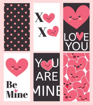 Happy Valentines Day greating card set. Inscription I love you, Be mine, Xo-Xo, You Are Mine. Illustration for Happy valentines day and weeding design project.