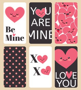 Happy Valentines Day greating card set. Inscription I love you, Be mine, Xo-Xo, You Are Mine. Illustration for Happy valentines day and weeding design project.