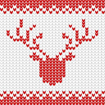 Knitted realistic seamless pattern of white and red colors with a deer. Knit texture.