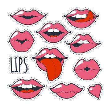 Set glamorous quirky icons. Bright pink makeup kiss mark. Passionate lips in cartoon style of the 80 s and 90 s isolated on white background. Fashion patch badges with lips.