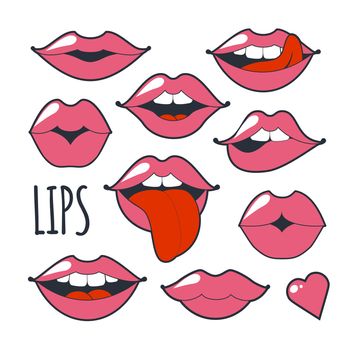 Set glamorous quirky icons. Bright pink makeup kiss mark. Passionate lips in cartoon style of the 80 s and 90 s isolated on white background. Fashion patch badges with lips.