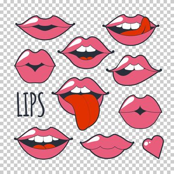Set glamorous quirky icons. illustration. Bright pink makeup kiss mark. Passionate lips in cartoon style of the 80 s and 90 s isolated on a transparent background. Fashion patch badges with lips.