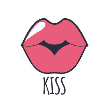 Lips quirky kiss. Patch, sticker. Isolated on white background. Cool sexy pink kissed. Selphie cartoon Sign for print, in comics, Fashion, pop art, retro style 80-s 90s