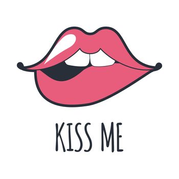 Patch with lips. Sticker isolated on white. Cool sexy pink lips. Selphie cartoon Sign for print, in comics, Fashion, pop art, retro style 80-s 90s