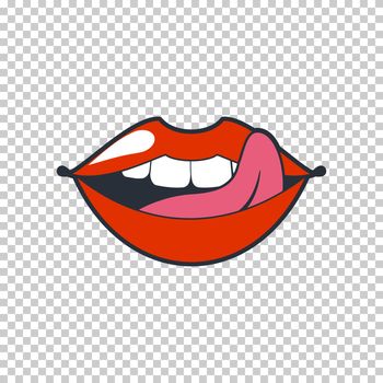Quirky Lips. Patch, sticker isolated on a transparent background. Cool sexy red lips. Selphie cartoon Sign for print, in comics, Fashion, pop art, retro style 80-s 90s