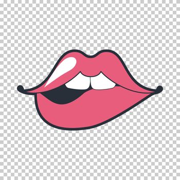 Quirky Lips. Patch, sticker isolated on a transparent background. Cool sexy pink lips. Selphie cartoon Sign for print, in comics, Fashion, pop art, retro style 80-s 90s