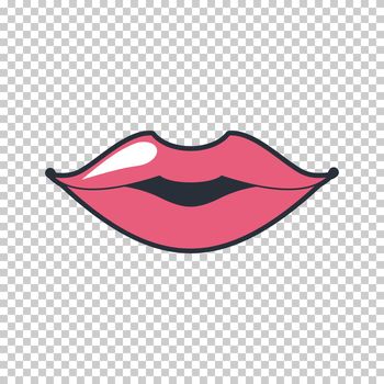 Lips quirky kiss. Patch, sticker isolated on a transparent background. Cool sexy pink lips. Selphie cartoon Sign for print, in comics, Fashion, pop art, retro style 80-s 90s