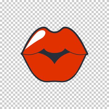Lips quirky kiss. Patch, sticker isolated on a transparent background. Cool sexy red lips. Selphie cartoon Sign for print, in comics, Fashion, pop art, retro style 80-s 90s