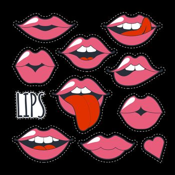 Set glamorous quirky icons. Illustration. Bright pink makeup kiss mark. Passionate lips in cartoon style of the 80's and 90's isolated on black background. Fashion patch badges with lips.