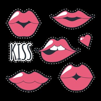 Different women's lips icon set isolated from black background. Pink lips close up girls. Shape sending a kiss, kissing lips. Collection of women's mouths and multicolored lips symbol.