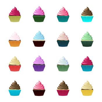Set of multicolored cupcakes. Icon collection of delicious cakes and muffins for your design project.