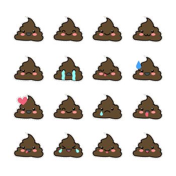 Set of cute kawaii badge. A collection of funny poop-emoticons. Stickers badges pack for a chat. Emoticons
