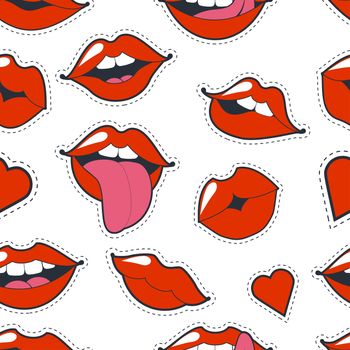 Glamorous quirky seamless background. Bright pink makeup kiss mark. Passionate lips in cartoon style of the 80 s and 90 s isolated on white background. Fashion patch badges with lips.