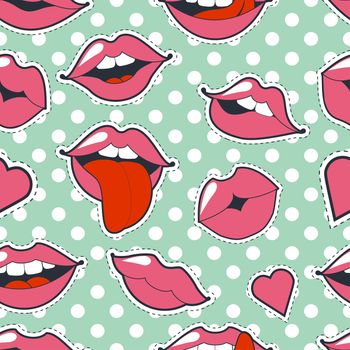 Glamorous quirky seamless background. Bright pink makeup kiss mark. Passionate lips in cartoon style of the 80 s and 90 s isolated on with polka dots. Fashion patch badges with lips.