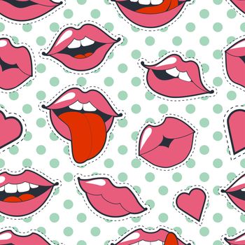 Glamorous quirky seamless background. Bright pink makeup kiss mark. Passionate lips in cartoon style of the 80-s and 90-s isolated on with polka dots. Fashion patch badges with lips.