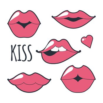 Different women s lips icon set isolated from white background. Pink lips close up girls. Shape sending a kiss, kissing lips. Collection of women s mouths and multicolored lips symbol.