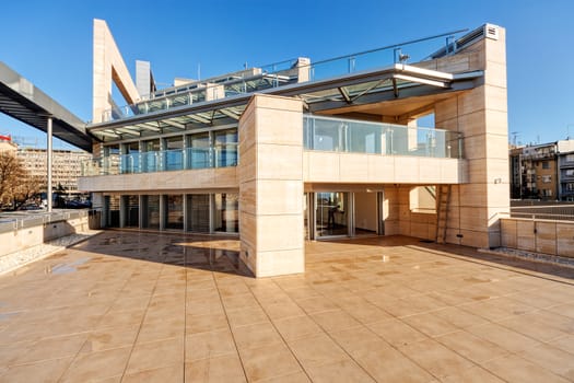 Terrace with metal and glass construction in modern building