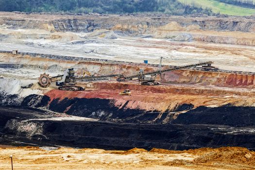open coal mining pit with heavy machinery