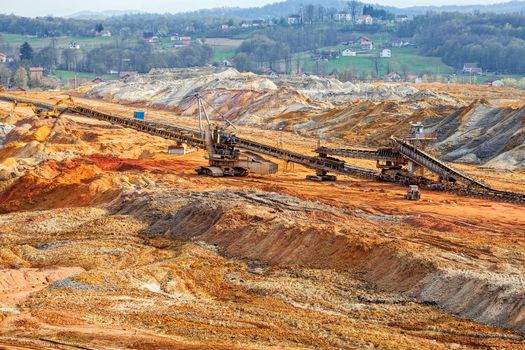 open coal mining pit with heavy machinery