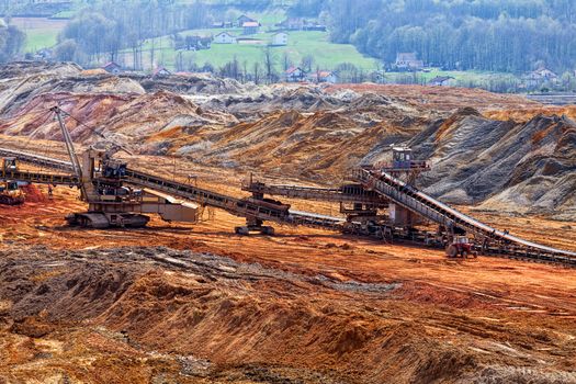 open coal mining pit with heavy machinery