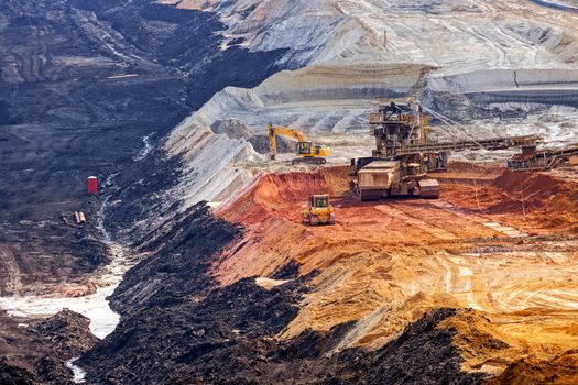 open coal mining pit with heavy machinery