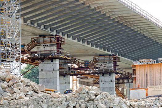 steel bridge construction with scaffolding