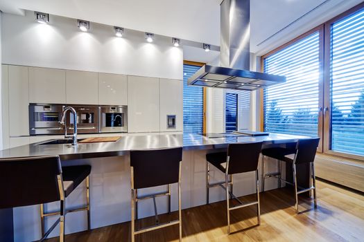 Modern kitchen interior with stainless steel sink and appliances