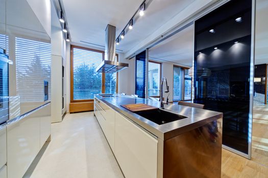 Modern kitchen interior with stainless steel sink and appliances