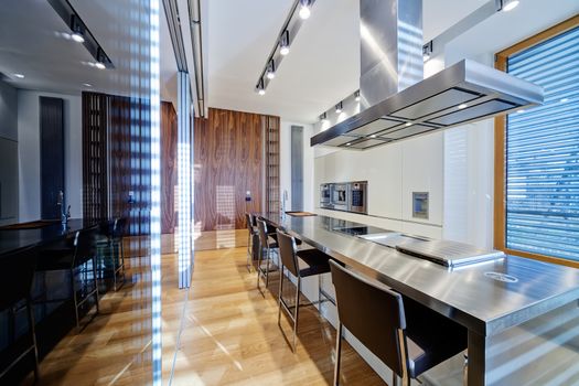 Modern kitchen interior with stainless steel sink and appliances