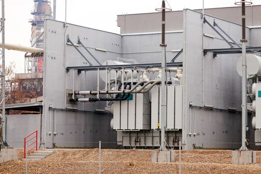 detail of oil pipeline with valves in large oil refinery