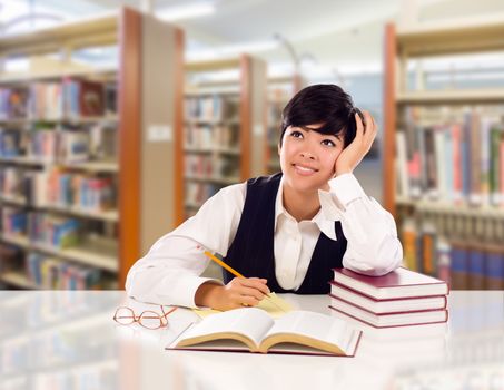 Young Female Mixed Race Student With Books and Paper Daydreaming In Library Looking To the Left.