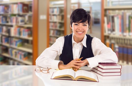 Young Female Mixed Race Student In Library with Books, Paper and Pencil.