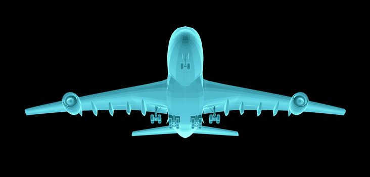 Airplane. Xray image isolated on black. 3d illustration