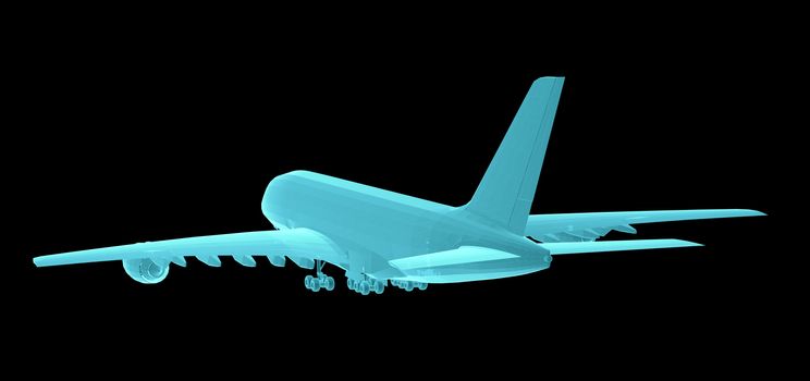 Airplane. Xray image isolated on black. 3d illustration