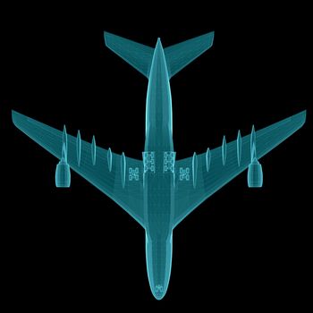 Airplane. Xray image isolated on black. 3d illustration