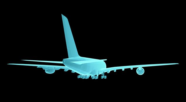 Airplane. Xray image isolated on black. 3d illustration